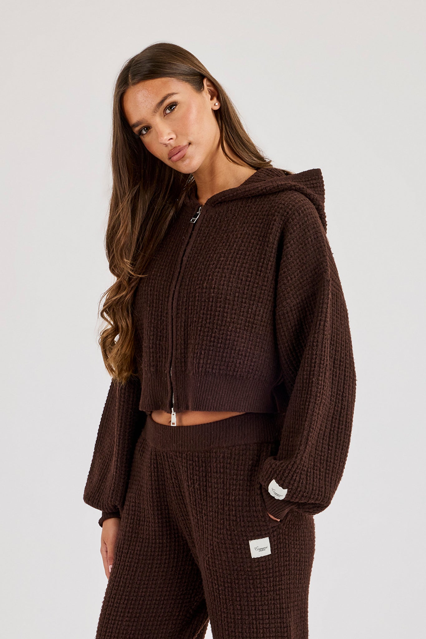 Waffle Knit Cropped Zip Through Hoodie - Chocolate